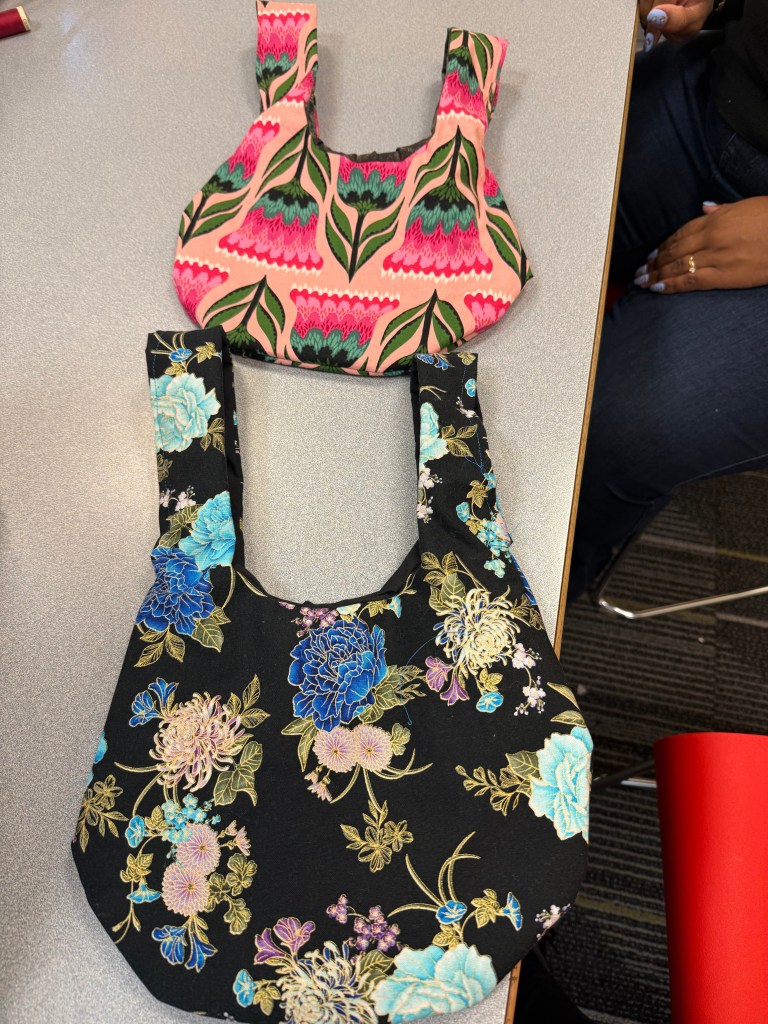 two knot bags made by students in the class